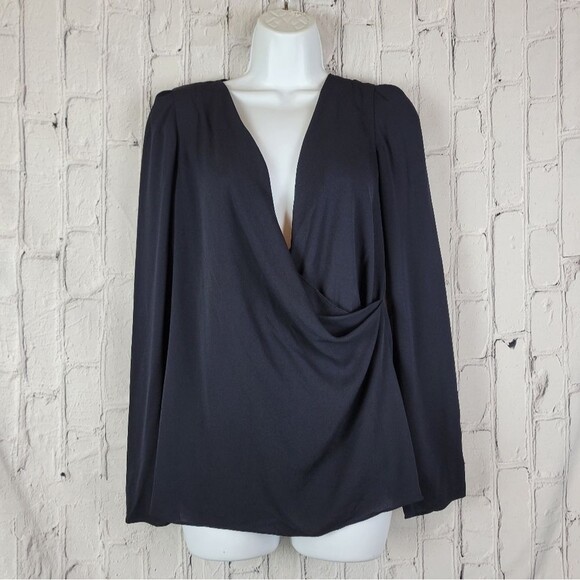 Vanessa Bruno solid black silk long sleeve cross drapey faux wrap blouse top - Picture 2 of 9